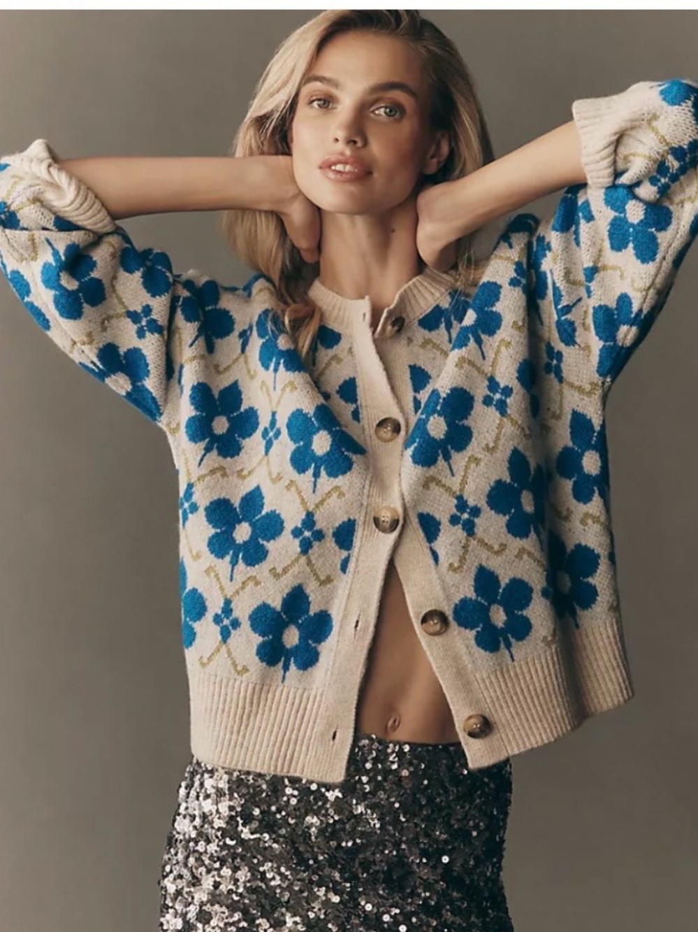 Anthropologie Maeve (NWOT) Blue floral pop intarsia Cardigan, women’s L